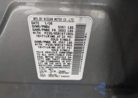 2006 Nissan Murano Sl z USA, uszkodzony, nr VIN JN8AZ08W26W522822